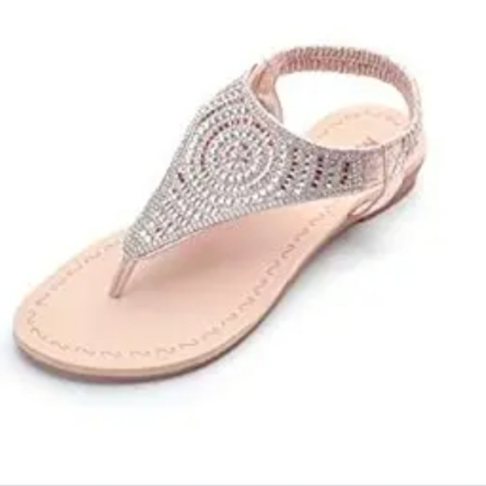 Mila Lady Gian rhinestone t-strap thong champagne gold slip on sandals sz 11